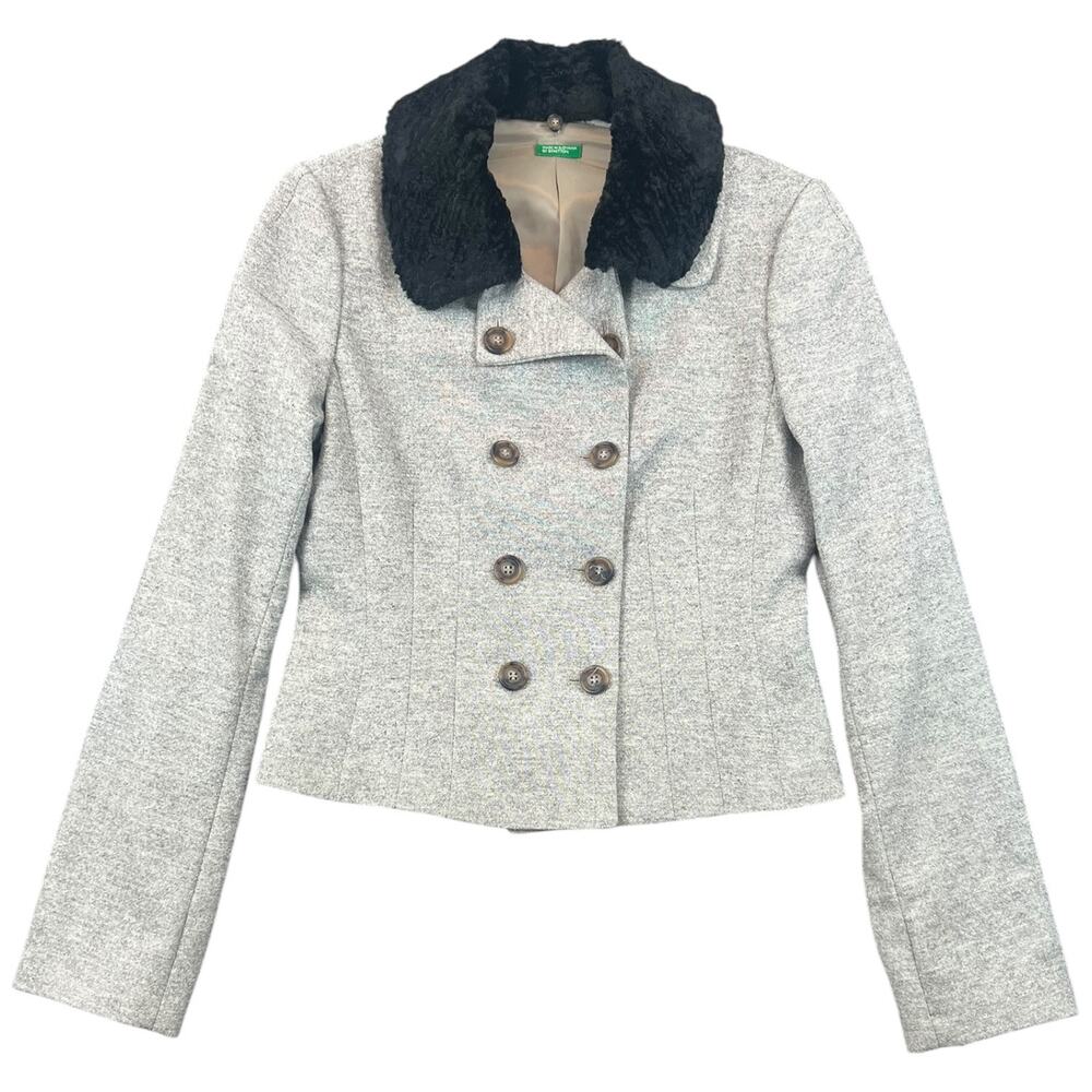 Vintage United Colors of Benetton Jacket Gray Cropped Peacoat Faux Fur Collar XS